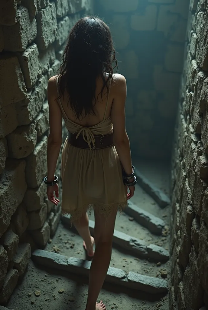 Medieval-Fantasy, skinny  brunette go down the spiral staircase of a dark dungeon. She looks back over her shoulder with a frightened expression. Torn short notched dress, handcuffed behind her back, bare feet, full body, dirty skin, detailed face.