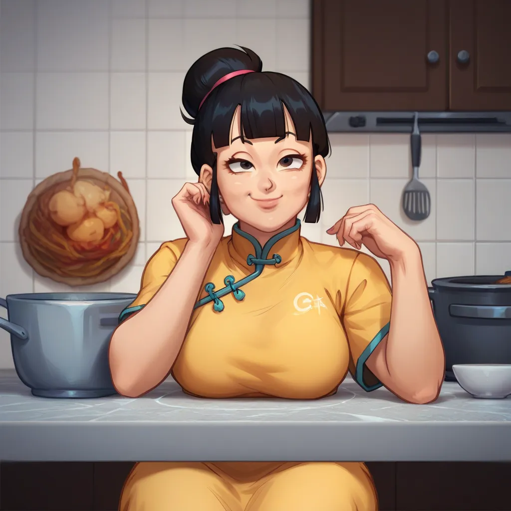 Chichi from dragon ball, yellow dress, Chinese outfit,  Thinking, Thoughtful face, smile, In the kitchen, sitting