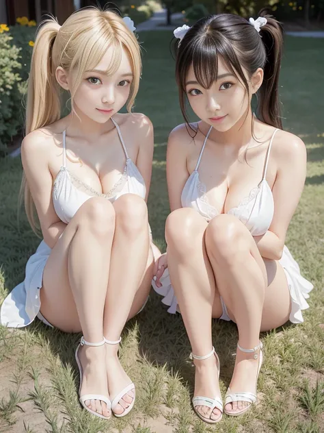 masterpiece, anatomically correct, Hi-Res, Ultra High Definition。 two beautiful girls。Short and baby-faced。Has big breasts and beautiful legs。The two have blond hair and black hair。have twin tails and ponytails。2 people with blond hair and black hair are w...