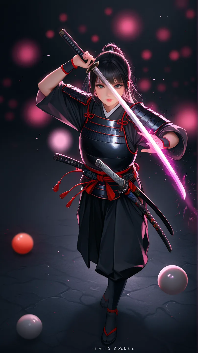 Realistic, Illustration, anime, SDXL, cinematic, wallpaper, full body, high quality, HD, black background, solo, samurai, beautiful legs, from above, vivid color and gradients, amazing depth of field, blurry background and foreground, amazing lights,  look...