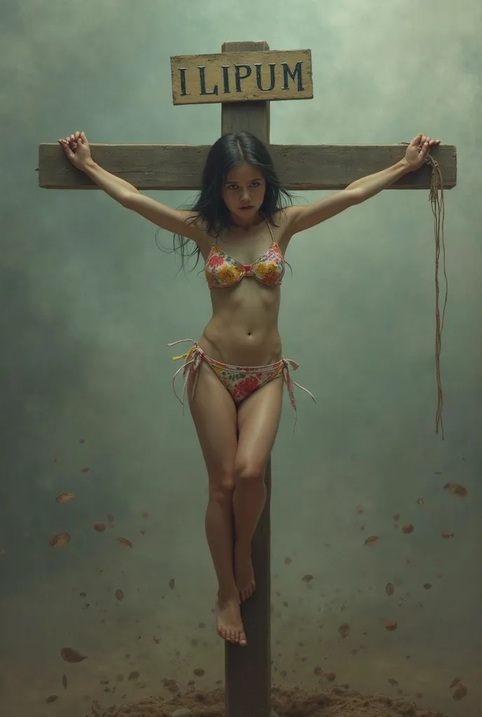 Beautiful thirteen year old  wearing a small colorful bikini,  very thin body ,  very thin legs, Crucified on a Cross . Girl crying in pain . With a sign with letters above her head .  haze background 