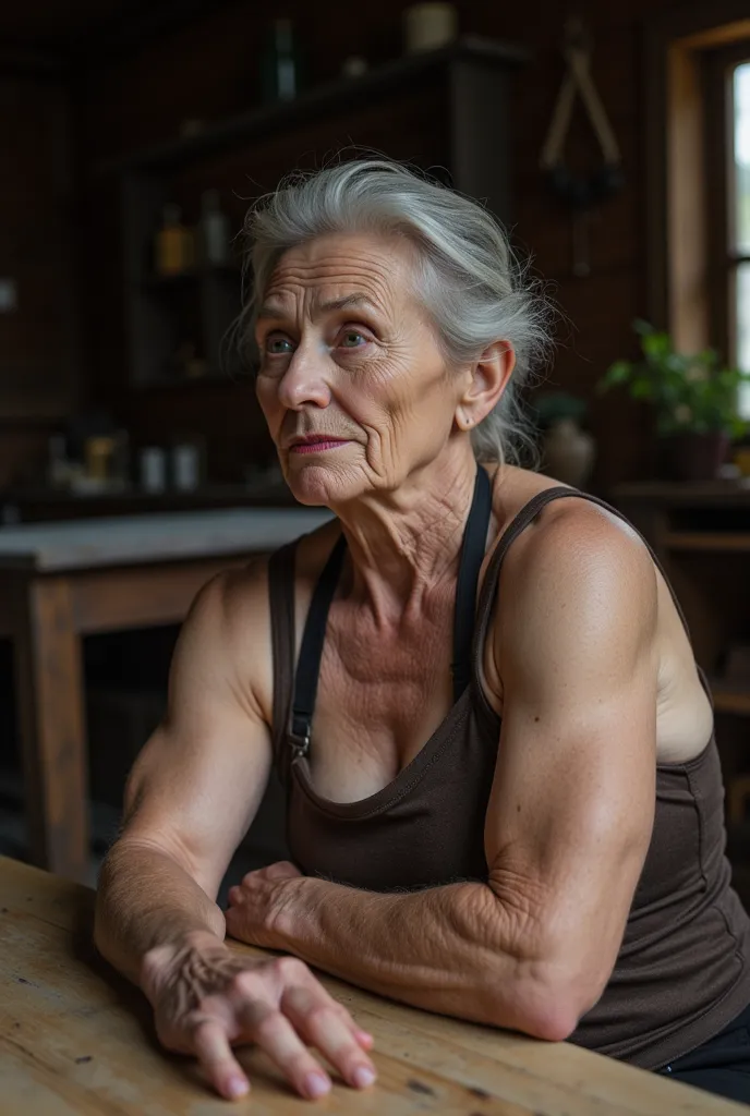 old grandmother-bodybuilder amish sits in the shed with her left hands on the table and flexing biceps bent at the elbow. hairy armpits I was shocked by her biceps. she is wearing short sleeve clothes.  realistic photo. emotions on the face - looks with in...