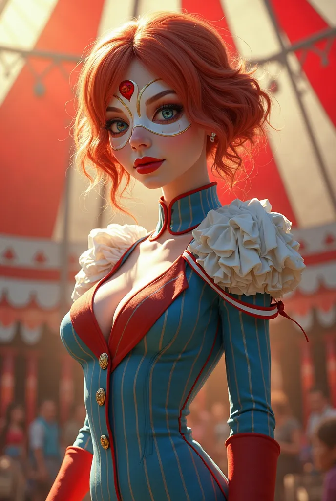 a super realistic female game character, 20 years, a circus suit blue and red and white in line designs, reddish hair, a white round face mask with red lipstick, left eye is red and right eye is blue, an apron white curly neck, a puffed white and red lined...