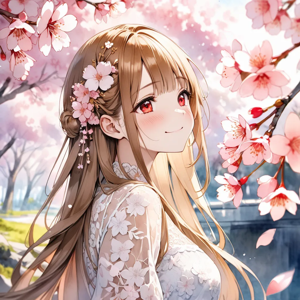 ultra realistic white lace dress、 red eyes、 Gold、Bronze Hair、long hair、flower hair ornament、watercolor画、watercolor、Blur color 、Cherry blossom trees、 Smile、 Sakurabuki、Overlook、is ashamed、cheeks from the side of pi