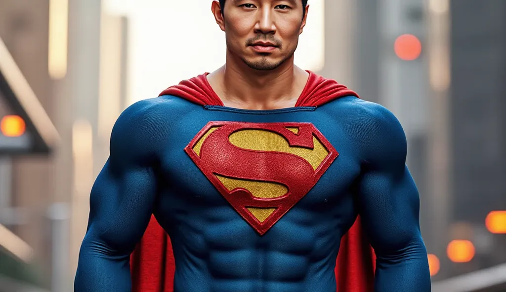 Hunk Superman, bulge, superman tight classic costume, look at the camera, bright situation i