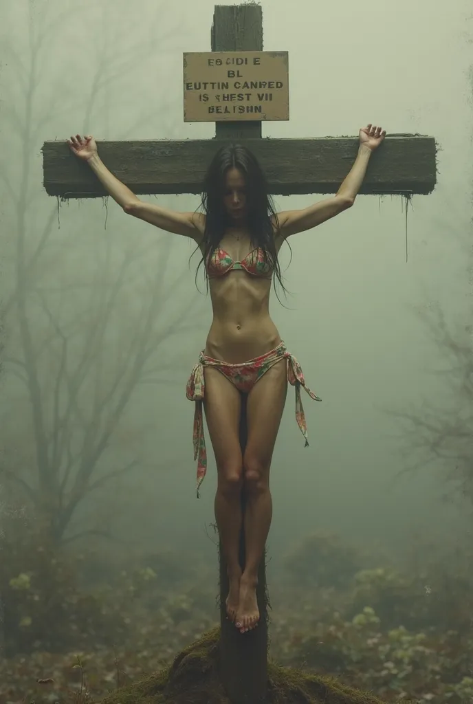 Beautiful thirteen year old  wearing a small colorful bikini,  very thin body ,  very thin legs, Crucified on a Cross . Girl crying in pain . With a sign with letters above her head .  haze background 