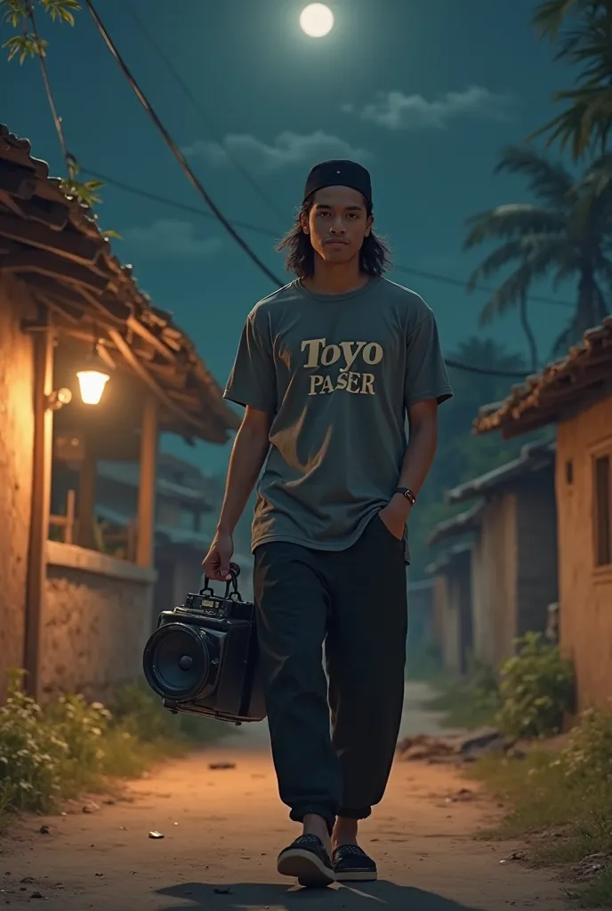 A handsome 20-year-old man with long hair wearing a black kopiah and a muslim t-shirt "Toyo paser ". He wore black trousers and black sandals,.  in his hand , it carries speakers and a small salon, which he uses to wake up villagers during sahur.

The nigh...