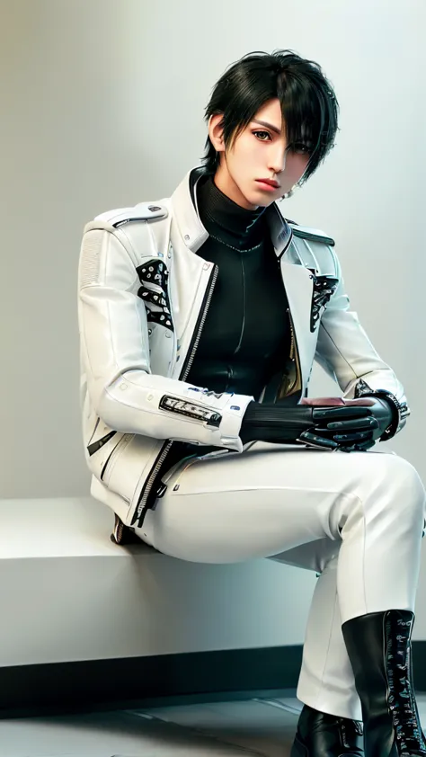 ((Final fantasy taste and reality graphics)), ((Japanese young cute and cool ikemen  boy)), his age is early 20s, thin eyebrows and beady eyes,, (((((boy wearing cream-white color thick leather and single-brest double zipper jacket))))), ,(((((jacket is vo...