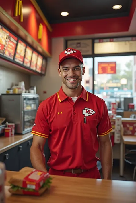 Patrick mahomes working at a McDonald’s that looks real in an employee uniform also have the face of the person a photoshop of Patrick mahomes face to look at realistic as possible 