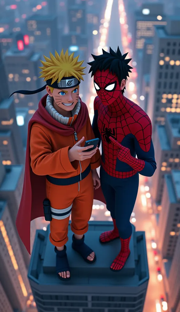 A dynamic selfie of Naruto Uzumaki and Tom Holland on top of a modern skyscraper. Naruto, in his orange Hokage cloak, smartphone, while Tom Holland, in a Spider-Man suit (mask off), Smiles and hold up a "peace sign". The city shines below them, with neon a...