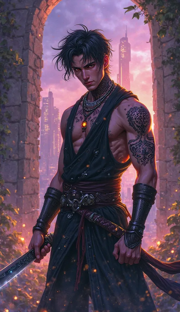 "A strikingly handsome male character with a cool, enigmatic aura, blending the essence of ancient warrior and modern rebel. He has a chiseled face with sharp, angular features—piercing deep-set eyes that glow faintly with an amber hue, exuding intensity a...