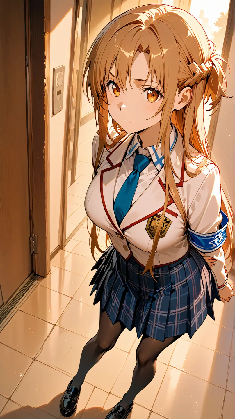   One high school student  、 Top Quality 、 very detailed、    high-resolution illustration showing the inside of the vagina  、 Ultra-high-definition CG 、８k size wallpaper、   Yuki Asuna、 brown hair 、 long hair、 Hazel eyes 、 braids、 、  white blazer with emble...