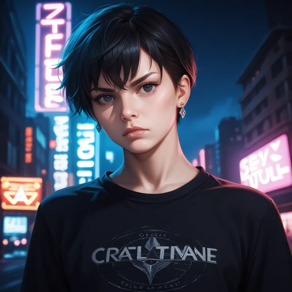 a young man with black hair and black eyes, wearing earrings and a ring, short hair with crossed bangs (1.8), wearing a black shirt, realistic portrait, detailed facial features, serious expression, dynamic pose, urban background, neon lights, moody atmosp...