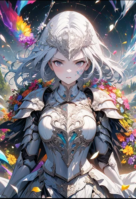 ((European woman, knight, western-style plate armor, white silver armor, serious face))), ((Absurd dress, high resolution, ultra high definition, (1 girl:1.3),mask, kaleidoscope-like imagery, symmetrical patterns, vibrant colors, geometric shapes, mesmeriz...