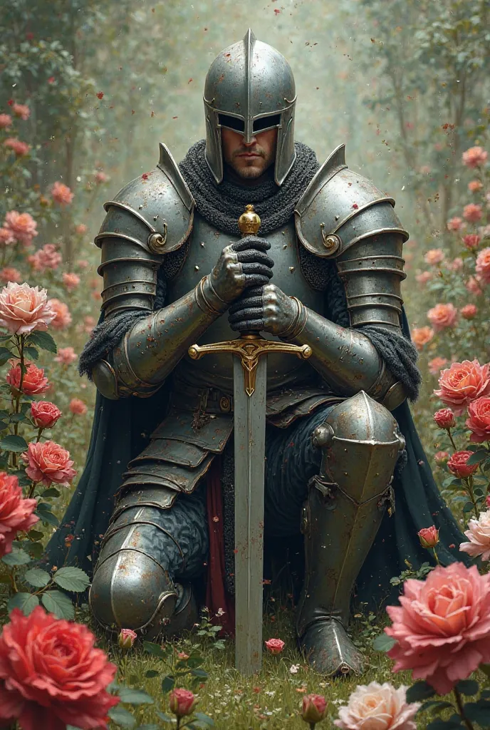 Kneeling man in medieval armor holding his sword with roses around