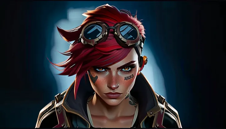 there is a woman with red hair and goggles on her head, portrait of vi from arcane, epic character portrait, painted character portrait, arkane_dark, aidmamj6.1, 1girl, gray-blue eyes, v1, red-pink hair, tattoo on the face, nose piercing, tattoo on the nec...