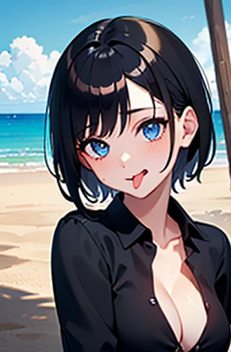 (masterpiece, best quality、super detailed skin:1.3)、 1 girl、Blue Eyes、cute、 black hair、(black naked shirt:1.2),cleavage,(short hair)、(macro shot)、 sandy beach、Painting、(naughty1.1)、(stick out tongue:1.2)、 (love juice:1.2)、(steam:1.1)、(perspired:1.1)、(front...