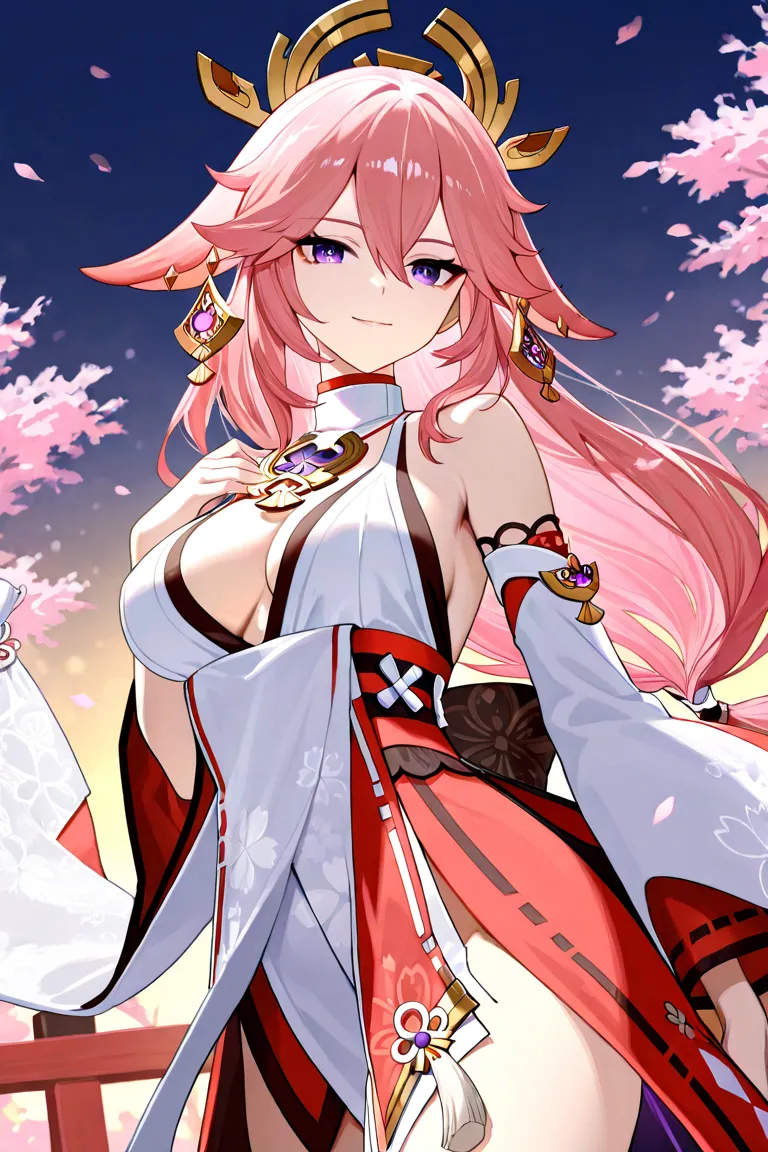 Yae Miko Genshin Impact Pink hair Miko dress with huge breasts