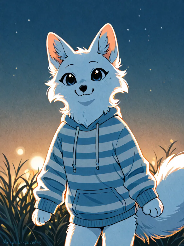 White furry fox, wearing a blue white sweatshirt used causes and black 