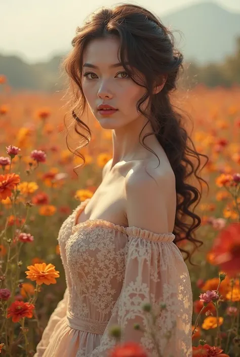 Create Empress in a field of autumnal flowers, wearing a sexy and delicate dress, curly hair with voluminous curls in the color brown,  white skin, brown eyes 