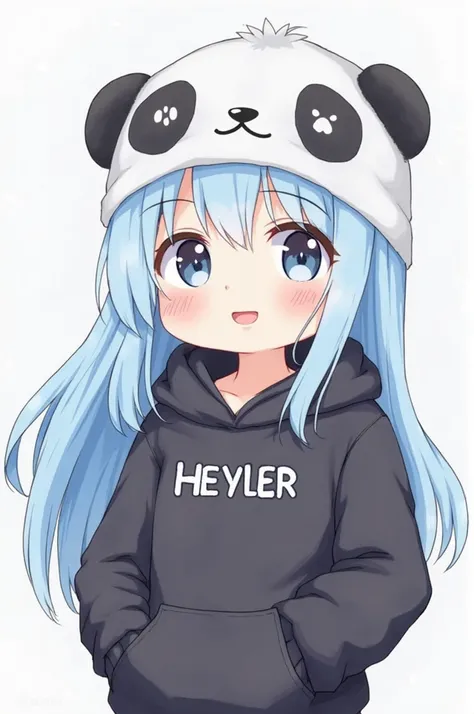 The image shows a chibi-style drawing of a girl with long light blue hair.  She wears a hat shaped like a panda head and a dark sweatshirt with the name HEYLER and with a hood.   The style is clearly anime or manga.