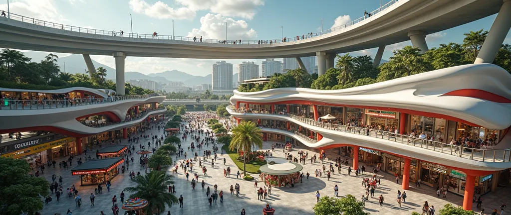 (photorealism:1.2), aerial view of a highway bridge over-pass passing over a bustling shopping-mall plaza hangout area outdoors with a fun Brazilian atmosphere and modern-advanced architecture blended with Brazilian