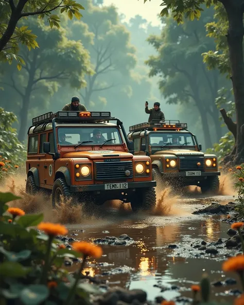 Photorealistic editorial image of a **1987 Land Rover Defender 110** and **Range Rover Classic**, both in Camel Trophy rally livery (sand beige with orange/black stripes), battling a flooded peat swamp in Borneo’s rainforest. Defender: Snorkel spewing murk...