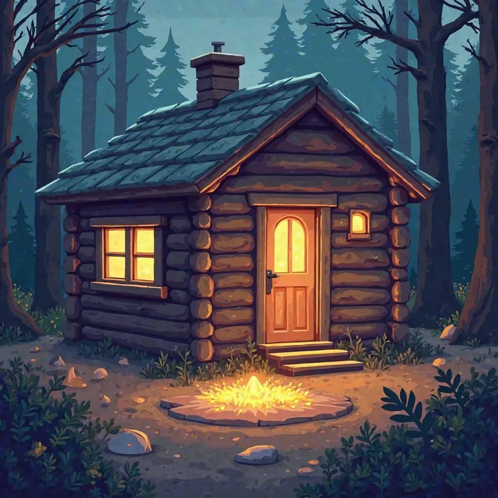 Landscape, A cozy wooden cabin glows with a warm golden light from its windows and door, creating a welcoming and inviting atmosphere. The scene features a floating cube, a faint spike pattern at the bottom, and a portal-like glow around the entrance. The ...