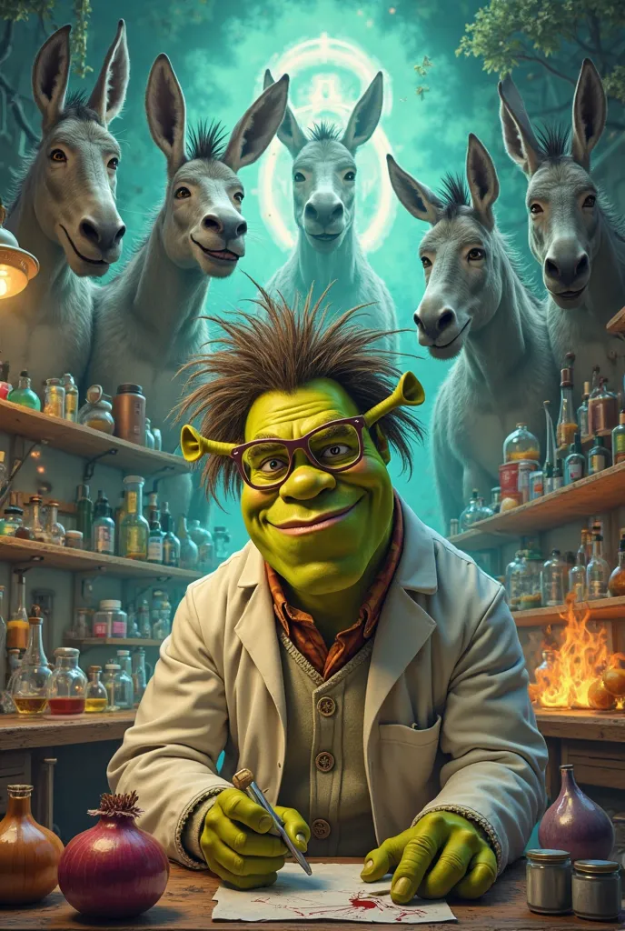 Shrek Cientista Maluco 🧪 – Cabelos desgrenhados, white coat and a laboratory filled with radioactive onions that create talking donkeys with superpowers.