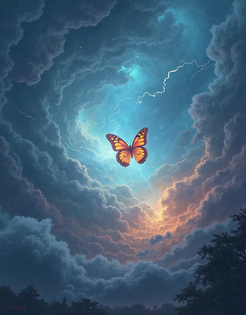 A surreal illustration of the Butterfly Effect. A delicate butterfly flaps its wings, sending shimmering energy waves through the air. These waves gradually expand, distorting the atmosphere and transforming into a colossal storm in the distance. The sky s...