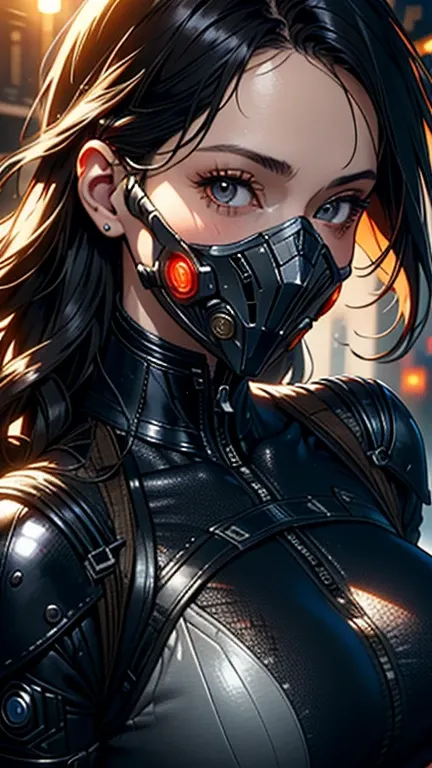 masterpiece, best quality, beautiful detailed hair detailed face, perfect feminine face, (happy:1.2), cyberskull mask, (close-up potrait:1.2), face focus, a beautiful and cute warframe woman and glowing black hair, red neon lighting, (sci-fi cyberpunk body...