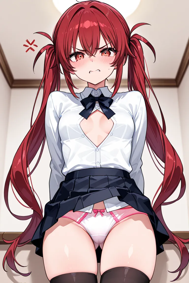 long twin tails、medium chest、胸の谷間、thin body、miniskirt with visible panties、 cute underwear、 slightly angry face、Open the chest of the blouse