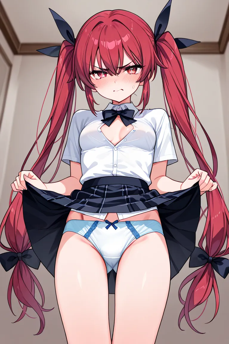 long twin tails、medium chest、胸の谷間、thin body、miniskirt with visible panties、 cute underwear、 slightly angry face、Open the chest of the blouse