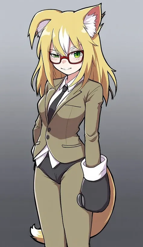 masterpiece, best quality, absurd res, 4k, highest quality,  1girl, solo, smile, shirt, jacket, white shirt, necktie, collared shirt, grin, formal, half-closed eyes, suit, black bikini bottom, furry, black necktie, callie briggs, blonde hair, furry female,...