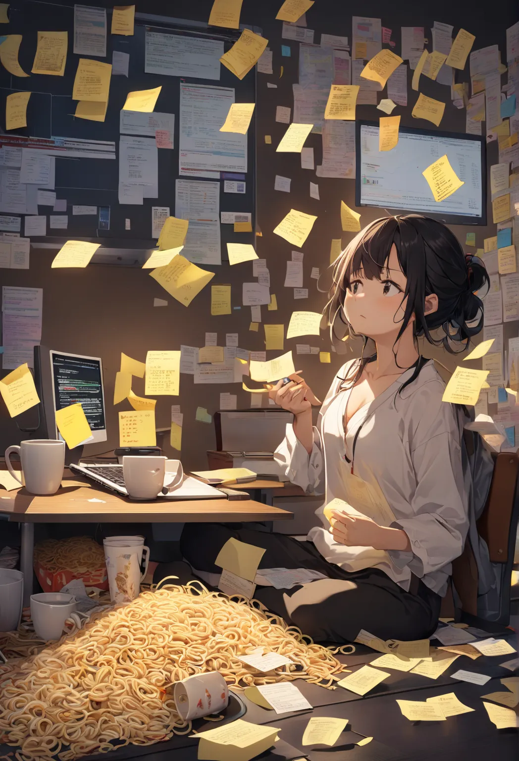 A tired young software developer (japanese female, very low v-neck, belahan dada) sitting at a cluttered desk in a dimly lit room, surrounded by empty instant noodle cups, coffee mugs, and sticky notes with code snippets. The developer is staring at their ...