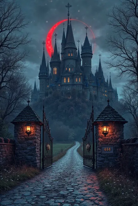 hello, I would like you to draw me a realistic drawing of an entrance to a Gothic style castle at night with a red crescent moon at the end, The castle with many peaks and that looks like Dracula's and at the gate at the beginning of the road a number 444 ...