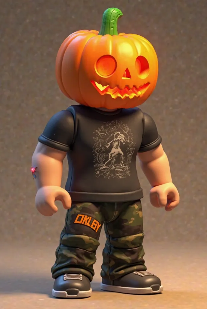 Create me an animated character for a profile picture with these characteristics  * head: He wears a bright orange pumpkin head with a carved face, typical of Halloween.
 *  Body: The body is made of blocks, as is common in Roblox. The skin is light colore...