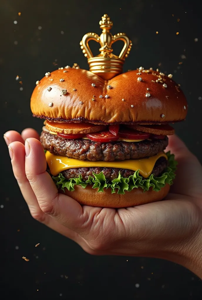 Royal heart-shaped hamburger on top of a hand