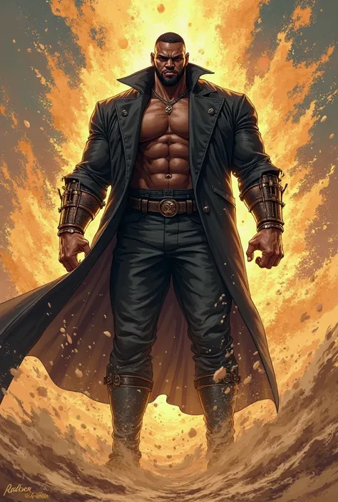  make a tall and strong black man , he is muscular, he wears an all-black overcoat, 3 have sand powers do it in anime style