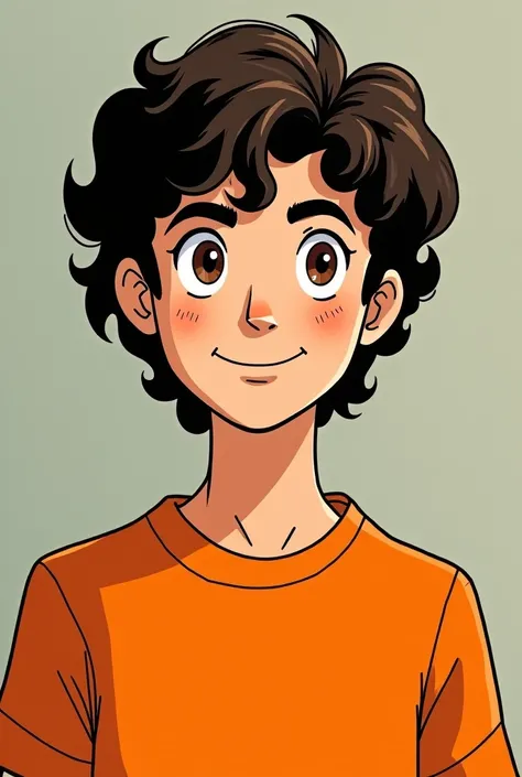 Percy Jackson comic, a sixteen-year-old ager, oval face, Brown Eyes, wears long dark brown hair, with soft, natural waves that fall on your shoulders,  with a smile on my face ,  pale skin , He has the orange t-shirt of him mixed race camp 