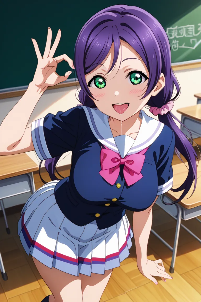   score_9,   score_8_up,   score_7_up,  source_anime,  (anime coloring, anime screencap:1.2),  flat color , goddess magazine ,  Glossy Skin, Love Live,Kitojo , green eye,  purple hair, twin tails from above, low twin tails from above, scrunchie , long hair...