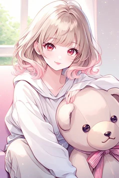 Cute girl、pastel colors、 white、watercolor、1 girl、 cute face 、 cute、Half Body、sit on the sofa、teddy bear、beige hair、 bronze gradient hair、red eyes、droopy eyes、eyelash、oversized plain white hoodie、 skinny pants、smile、pink cheeks、small lips、pink lips、 from af...