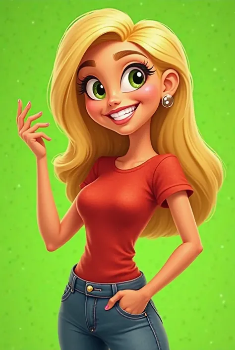 "A female cartoon character, with golden skin and large, expressive green eyes. she has long hair, blonds in a modern hairstyle.  Her expression is lively , with a bright smile and well-defined eyebrows. She wears a red short sleeve shirt and casual jeans....