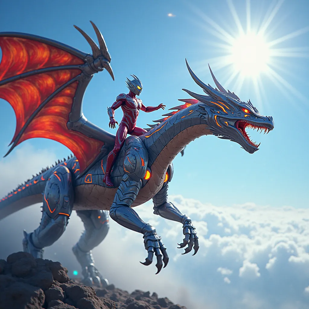 Ful altra hd image,An enormous, futuristic dragon inspired by Ultraman design, blending sleek metallic armor with glowing red and blue accents, sharp angular features, and energy lines running along its body. The dragon’s wings are wide and mechanical, wit...