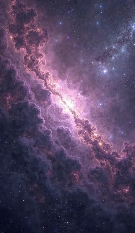 The magic of space, epic purple and silver nebulae in cosmic darkness, silvery star clusters in the distance, purple, Silver, black, Silver, super detailed,  photorealistic ,  abstract , matte painting