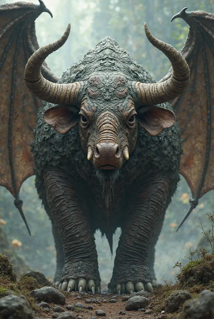 monster similar to a bull and armadillo looking like an elephant and a bat.