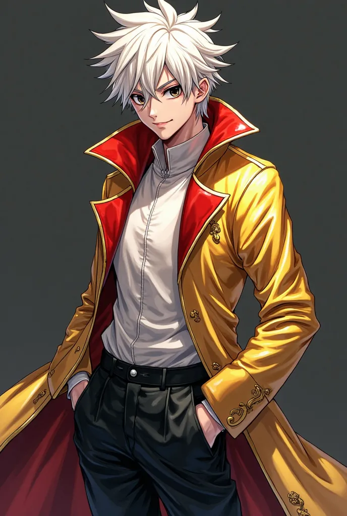 anime style, A man with platinum hair, fair skin, Your eyes are black eyeballs with a platinum iris, he wears a coat made of gold-plated slime with a red outline,  loose black pants . He is a menacing and cruel entity, a powerful entity.