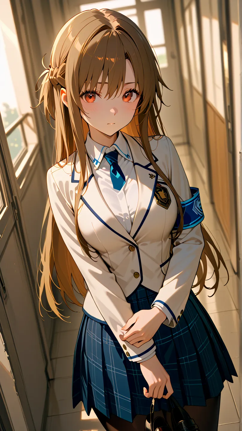   One high school student  、 Top Quality 、 very detailed、high resolution illustration  、 Ultra-high-definition CG 、８k size wallpaper、   Yuki Asuna、 brown hair 、 long hair、 Hazel eyes 、 braids、 、  white blazer with emblem on left chest  、Blue armband of the...