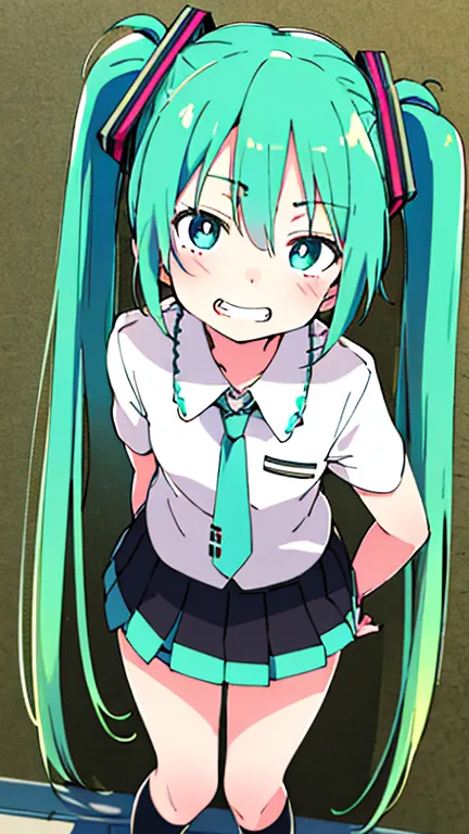 masterpiece, Highest quality, 1 girl, alone, dynamic pose, cowboy shooting,  Hatsune Miku, green eye,  green hair, twin tails from above,  school uniform, Bent,  turn your arms behind your back , 悪の笑顔, grin, from above,  looks up, full body、beautiful legs
...