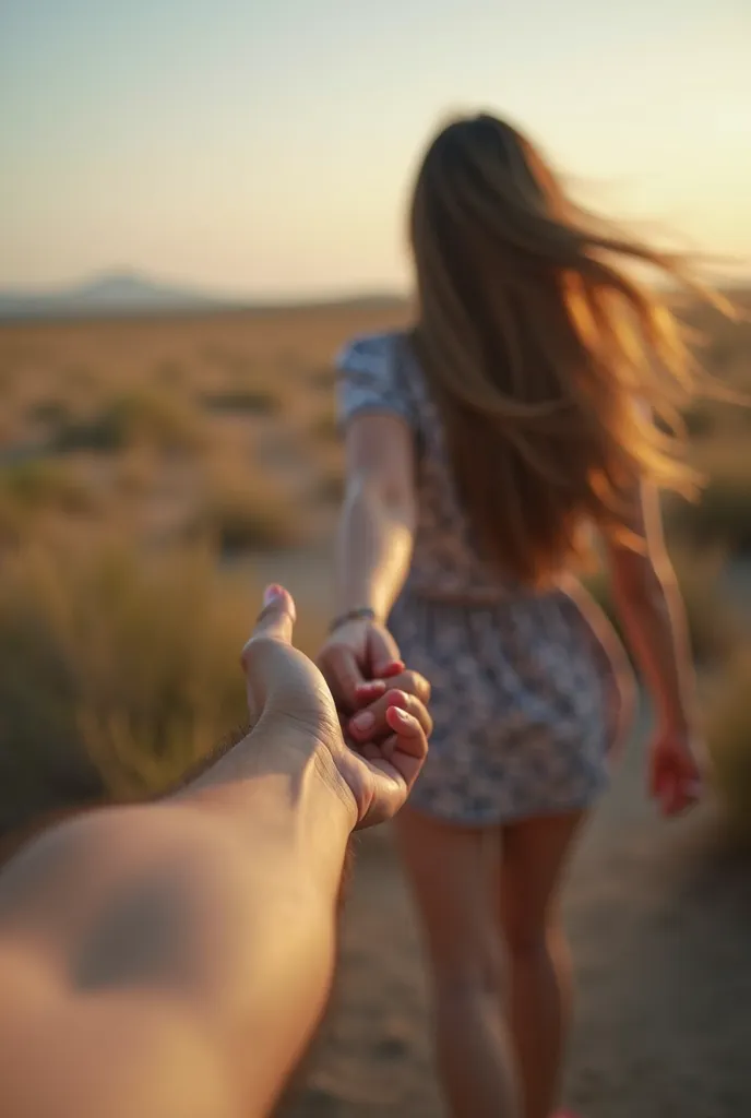 from a first-person perspective, a man extends his hand to hold that of a woman who walks in front of him. Only part of the man's arm and hand are visible, while the woman, on the back, Go ahead . His long, loose hair sways gently in the wind.